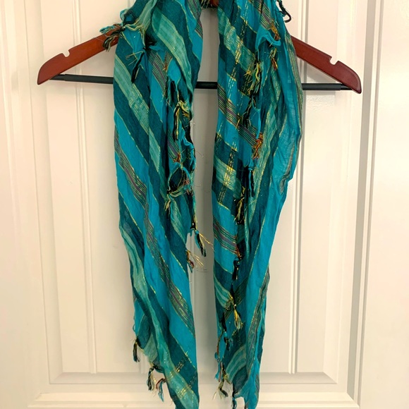Accessories - Cute Boho Turquoise & Metallic Striped Scarf- One Size